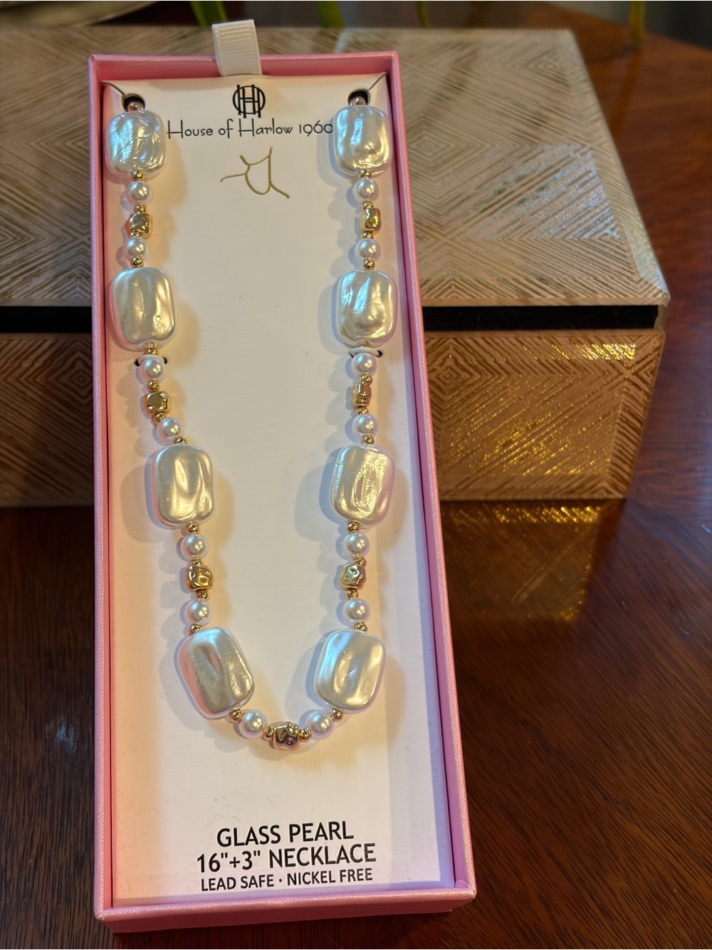 House of Harlow 1960 Iridescent White Glass Pearl Necklace with Gold Accents - Picture 3 of 7